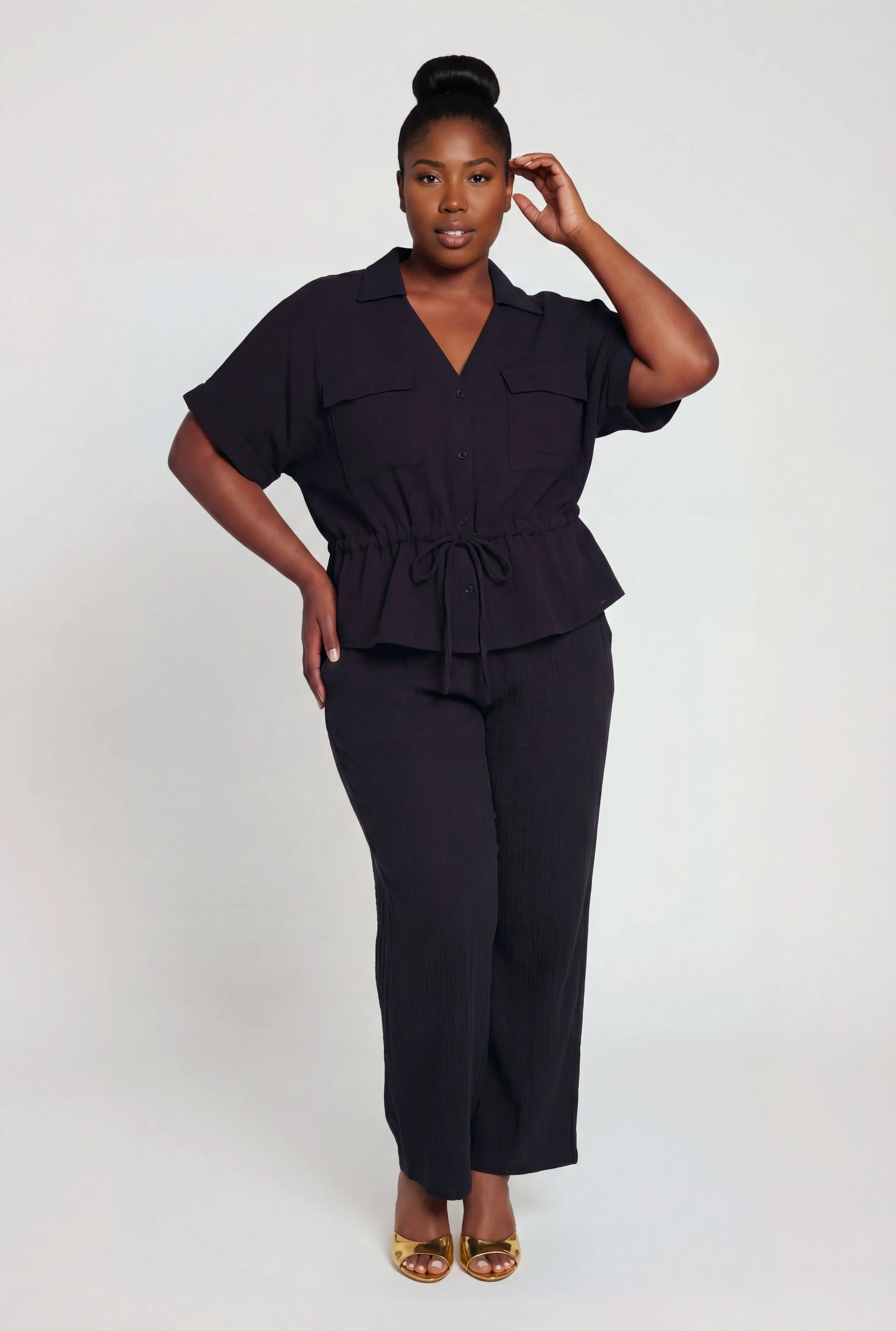 Plus Size Gauze Knit Tie Waist Buttont Front Shirt sold by Rainbow product image thumbnail 2