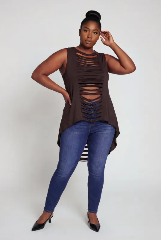 Plus Size Sleeveless Slashed High Low Top made by Rainbow