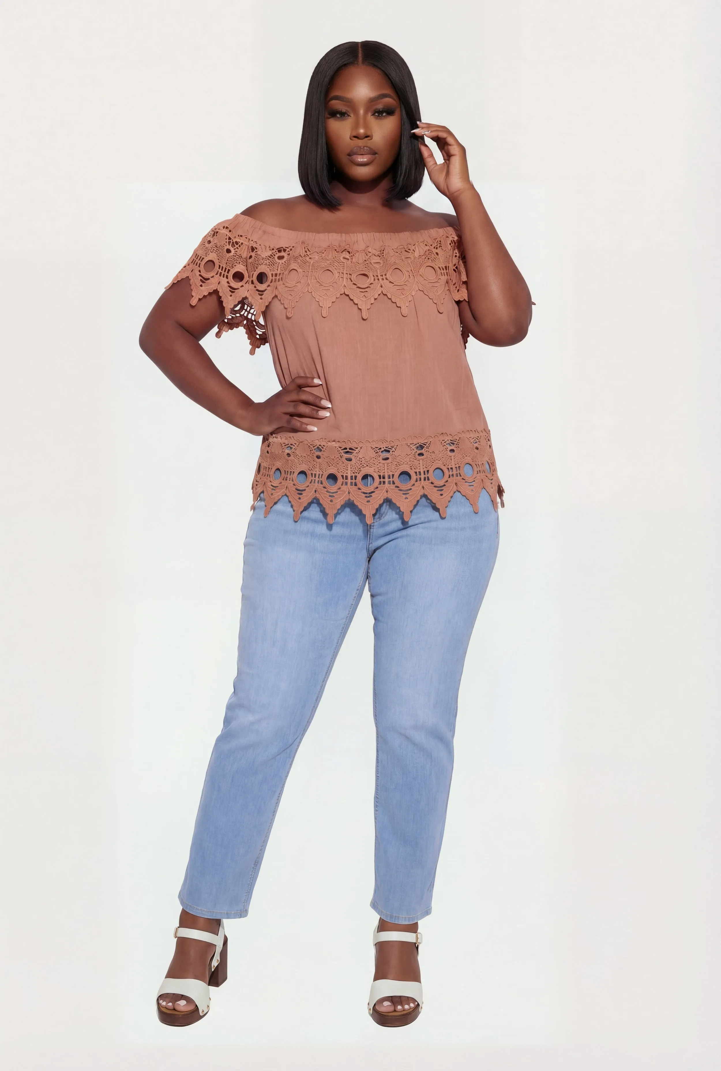 Plus Size Crochet Detail Fold Over Off The Shoulder Top sold by Rainbow