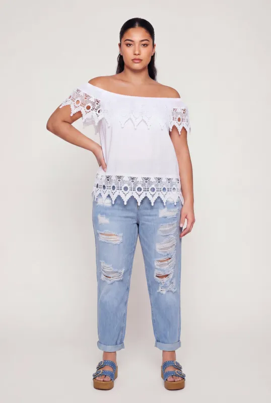 Plus Size Crochet Detail Fold Over Off The Shoulder Top made by Rainbow