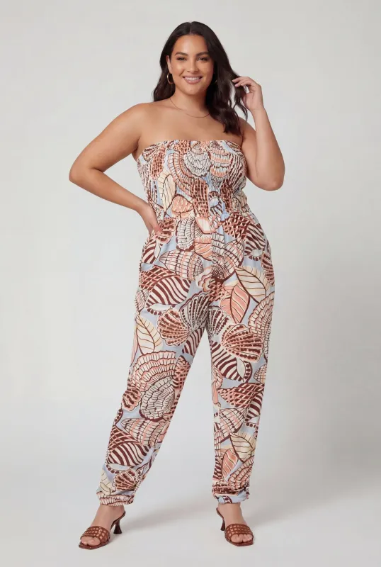 Plus Size Assorted Seashell Print Smocked Tube Jumpsuit made by Rainbow
