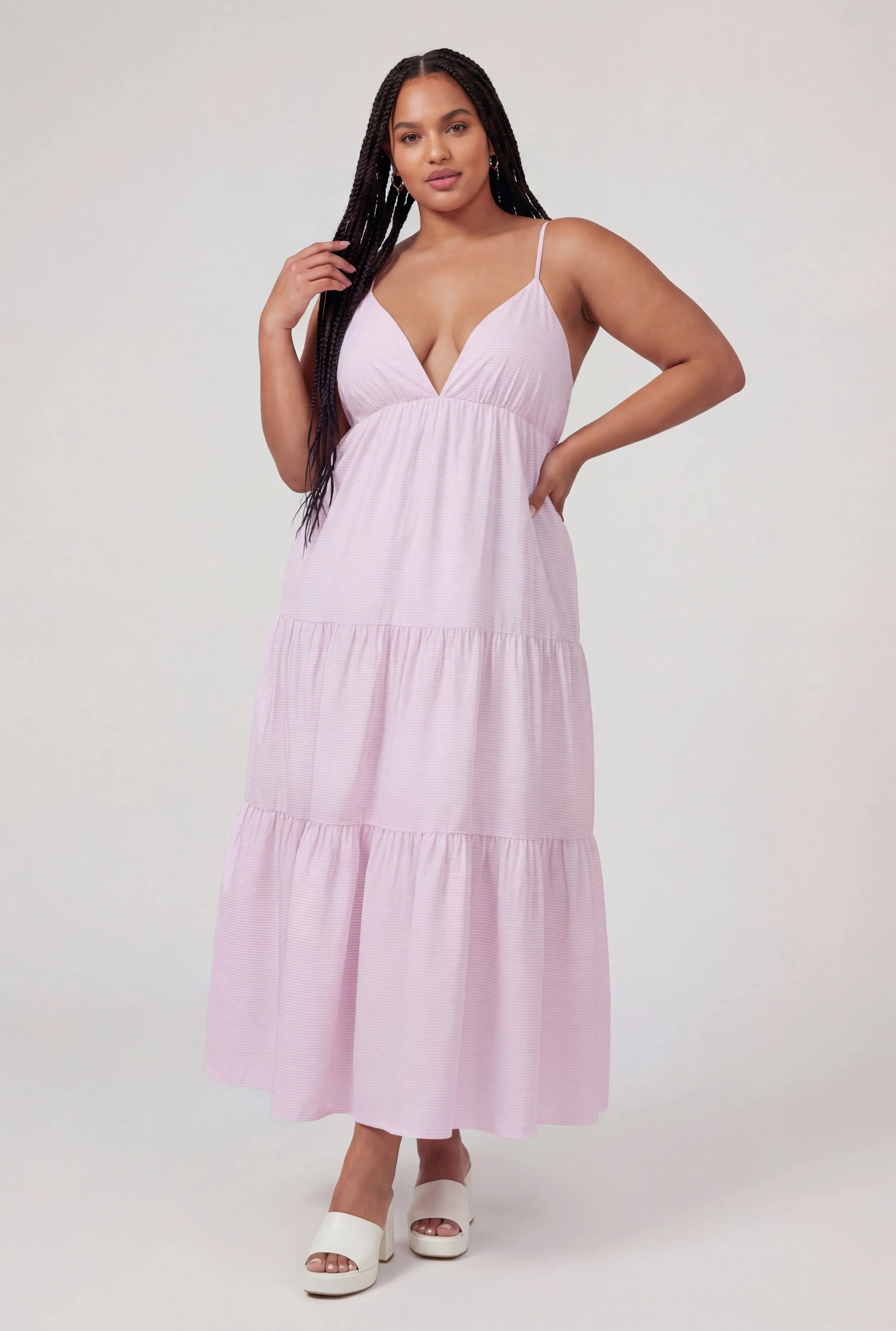 Plus Size Pinstripe Ruffle Tiered Maxi Dress sold by Rainbow