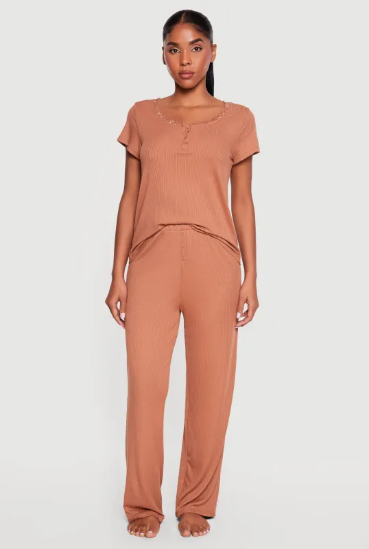 Ribbed Knit Pajama Henley Top and Pants Set made by Rainbow