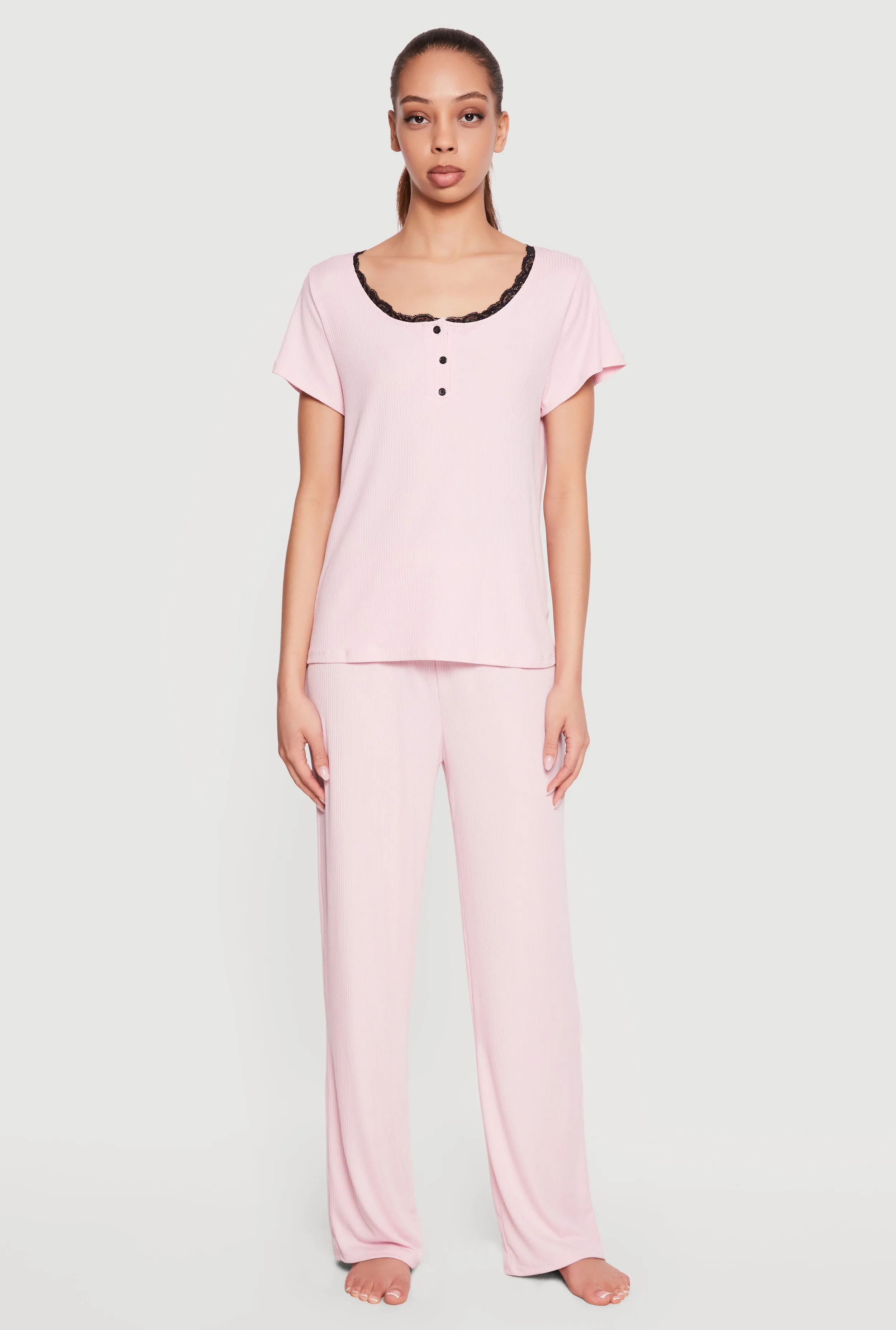 Contrast Lace Trim Henley Pajama Top and Pants sold by Rainbow