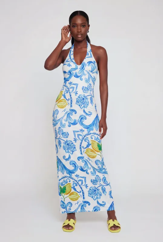 Lemon Print Halter Maxi Dress made by Rainbow