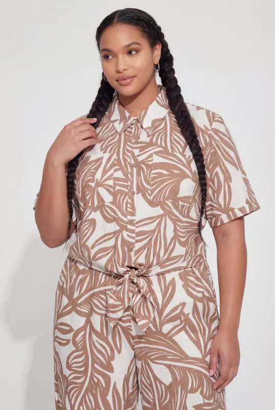 Plus Size Abstract Leaf Print Tie Front Shirt made by Rainbow