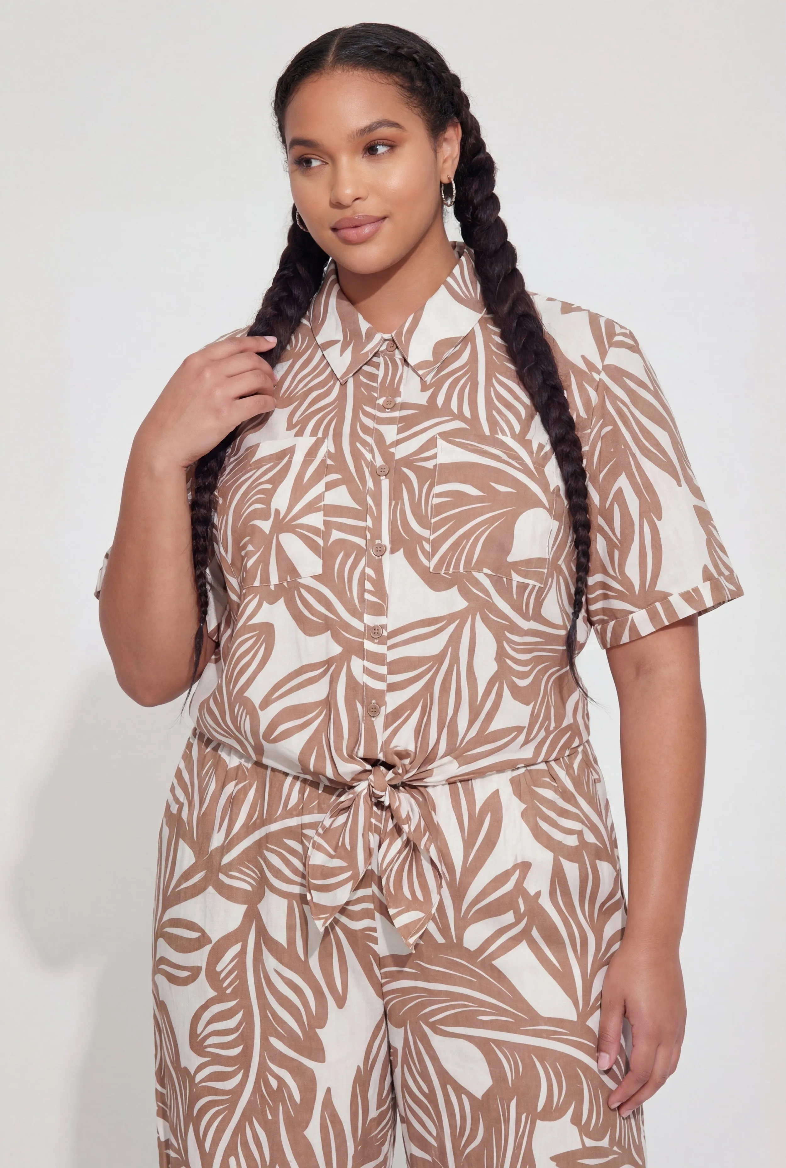 Plus Size Abstract Leaf Print Tie Front Shirt sold by Rainbow