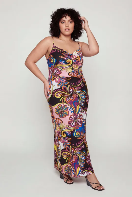 Plus Size Abstract Floral Caged Back Cami Maxi Dress made by Rainbow