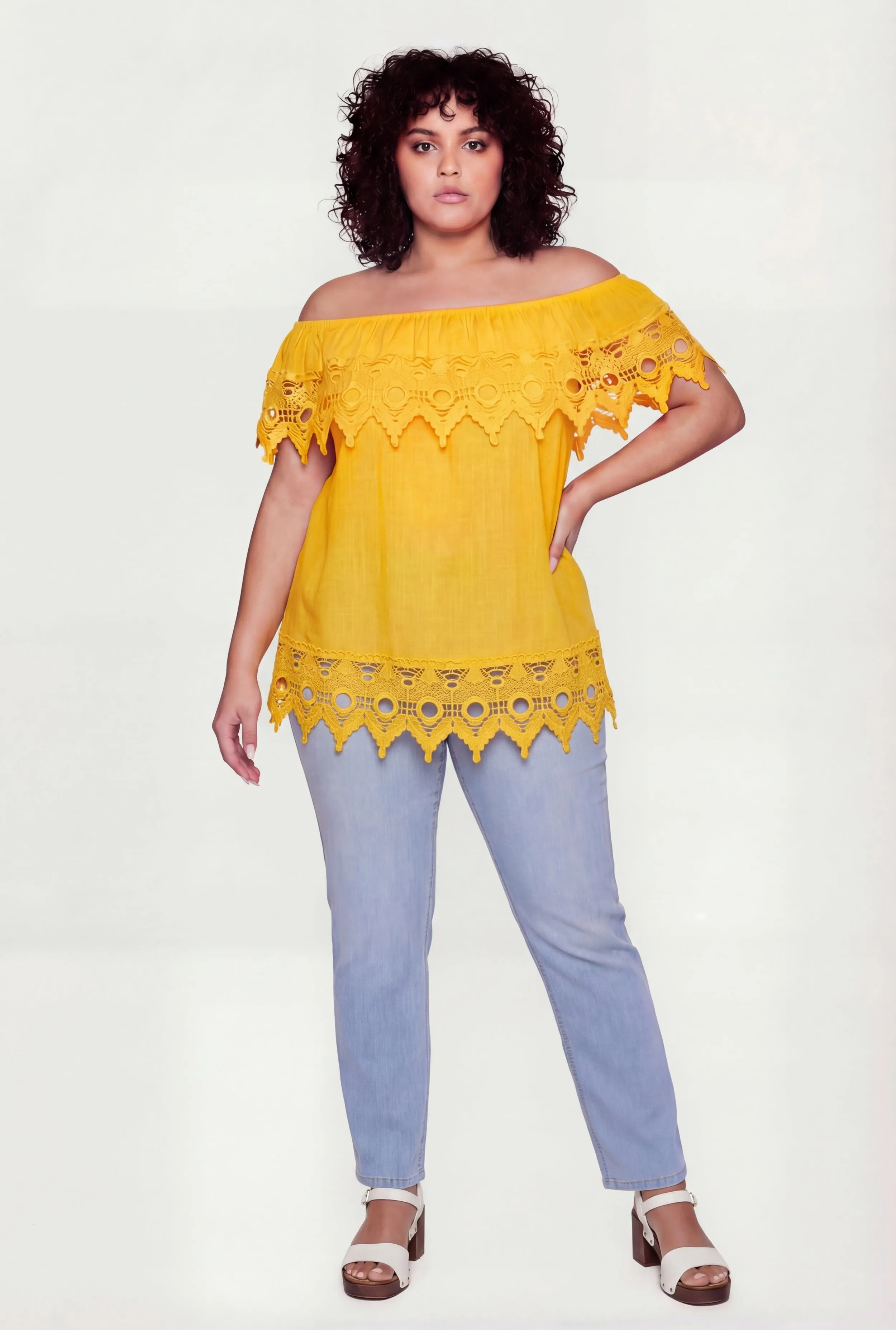 Plus Size Crochet Detail Fold Over Off The Shoulder Top sold by Rainbow