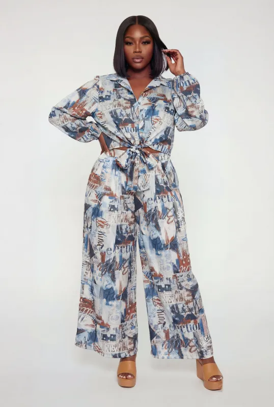 Plus Size High Waisted Printed Satin Palazzo Pants made by Rainbow