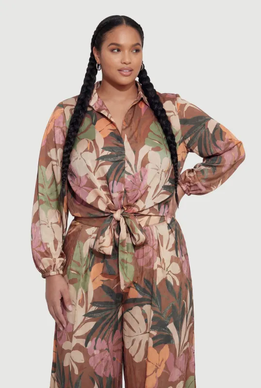 Plus Size Satin Printed Tie Front Cropped Shirt made by Rainbow