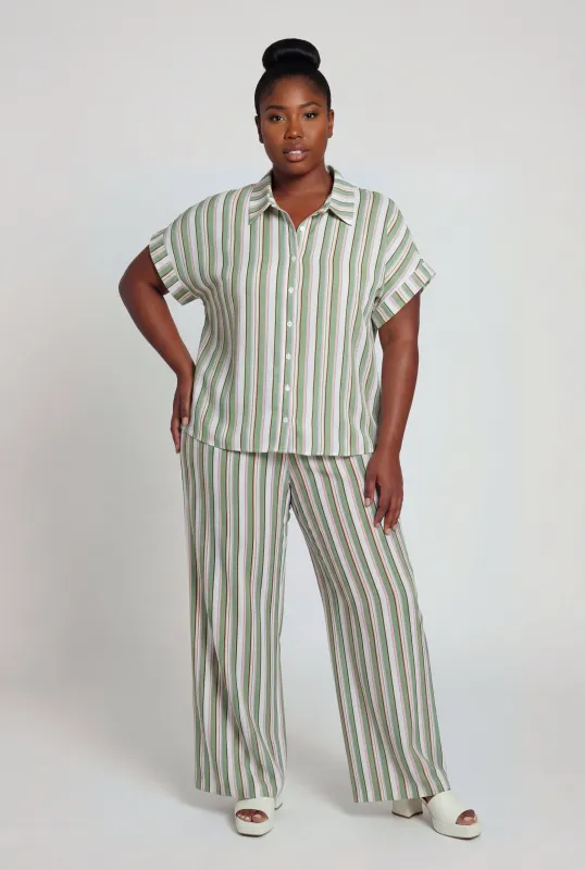 Plus Size Crepe Knit Striped Wide Leg Pants made by Rainbow