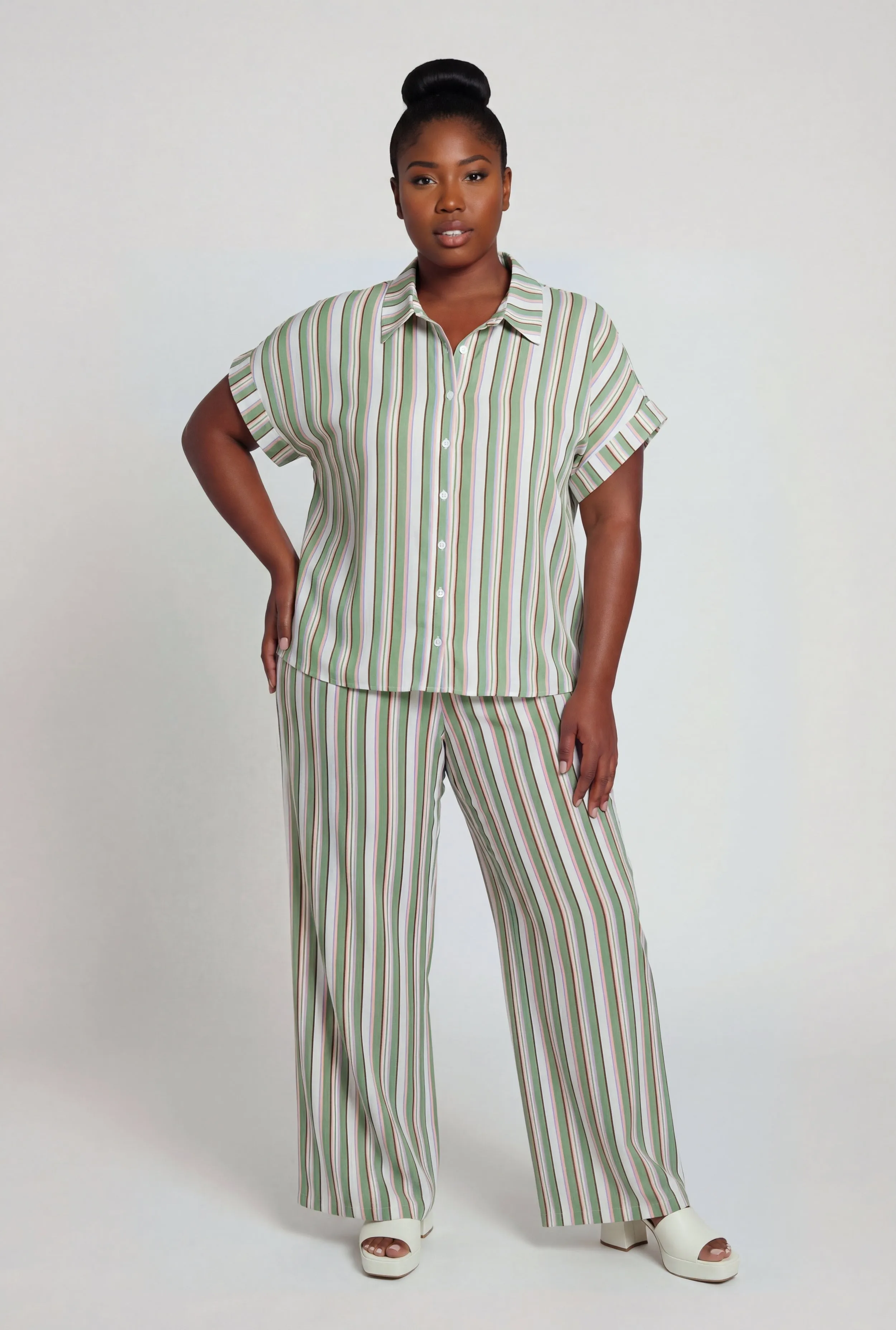 Plus Size Crepe Knit Striped Wide Leg Pants sold by Rainbow