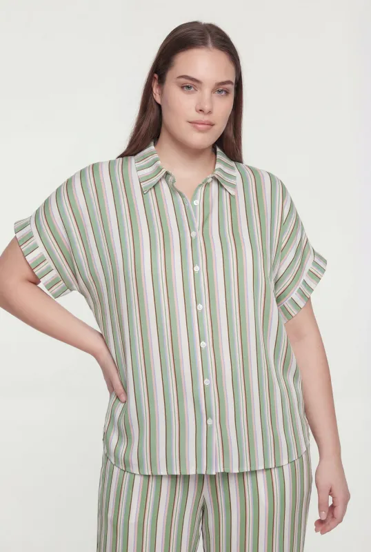 Plus Size Crepe Knit Striped Button Front Shirt made by Rainbow