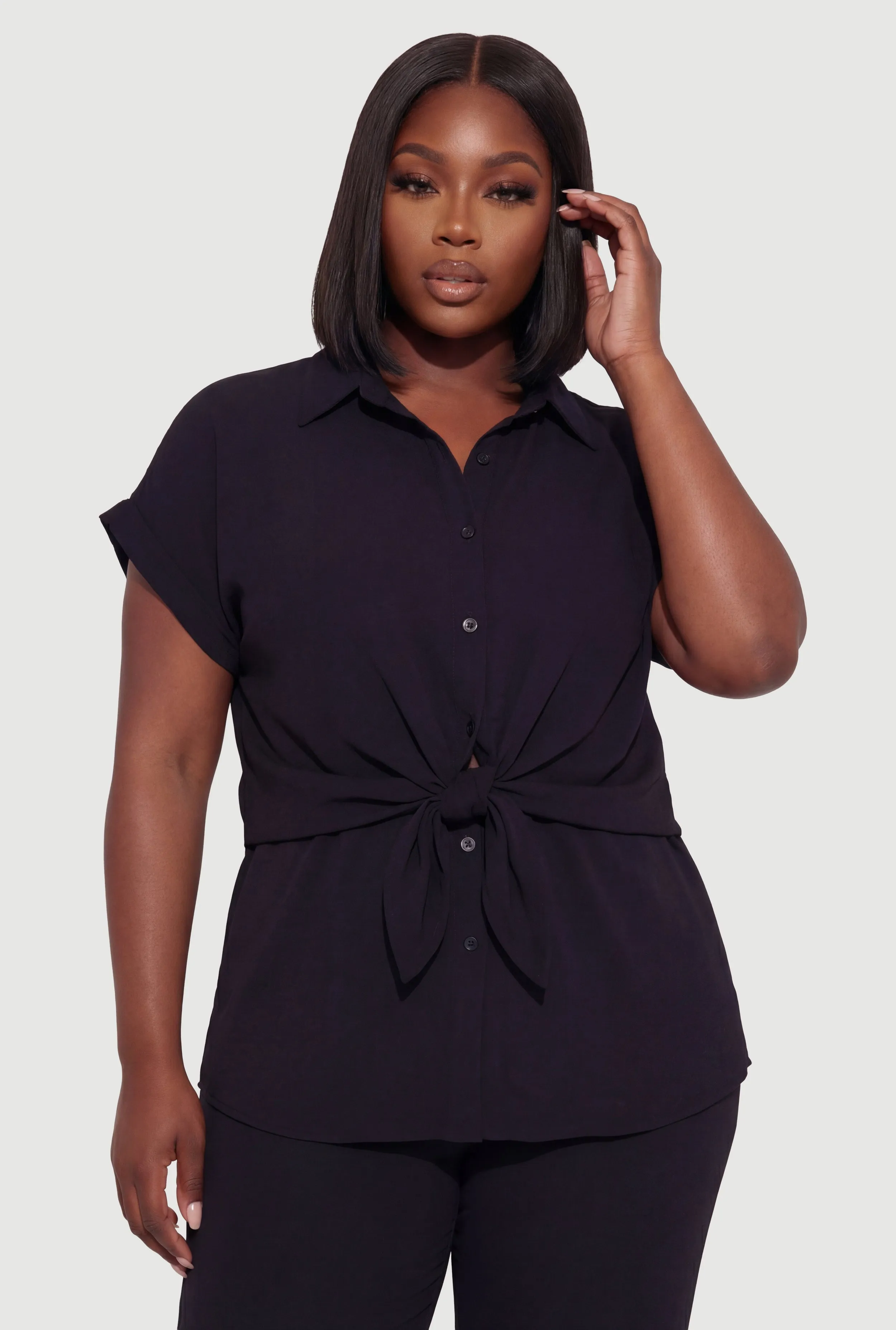 Plus Size Crepe Knit Tie Front Detail Button Front Shirt sold by Rainbow product image thumbnail 2