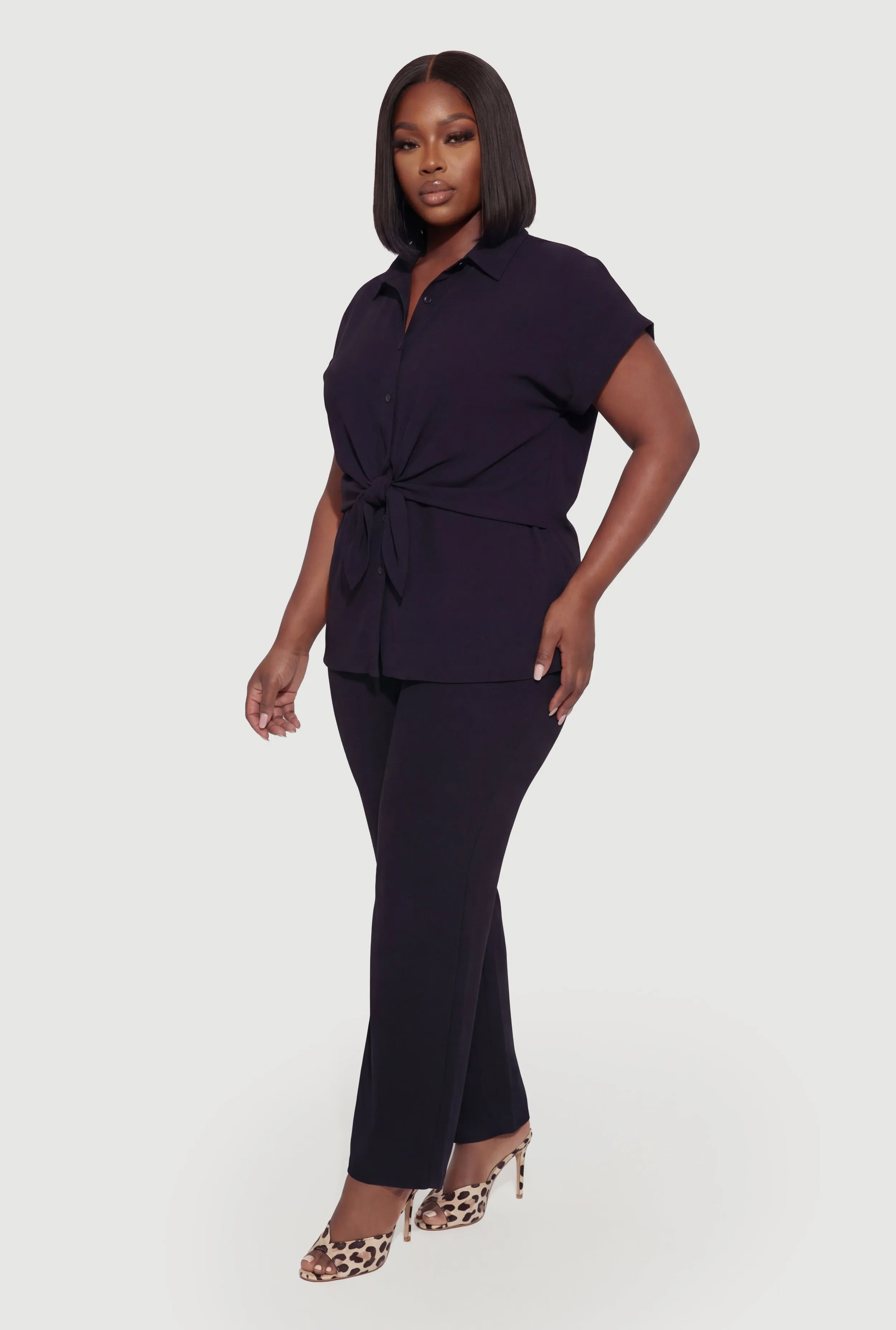 Plus Size Crepe Knit Tie Front Detail Button Front Shirt sold by Rainbow product image thumbnail 3