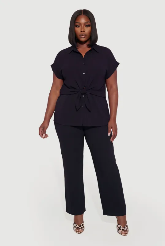 Plus Size Crepe Knit Tie Front Detail Button Front Shirt made by Rainbow