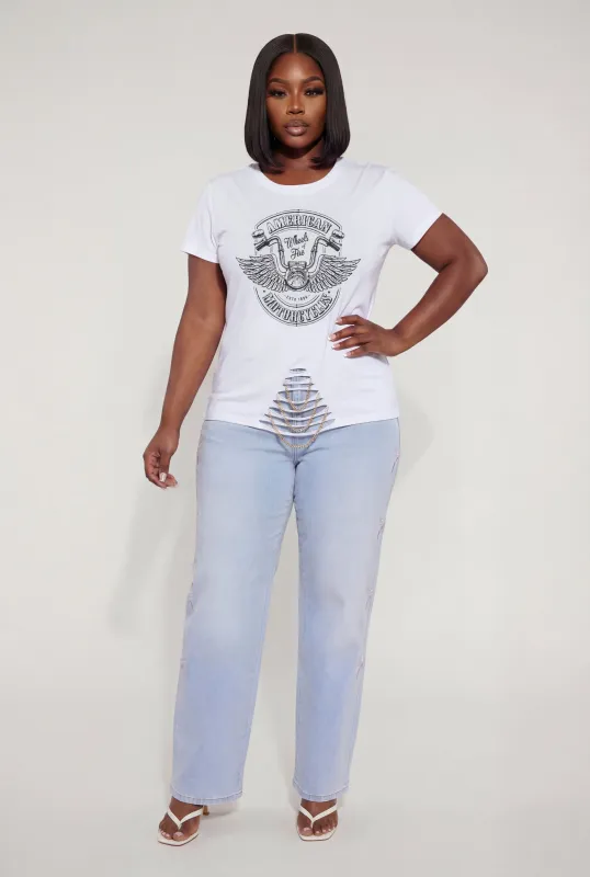 Plus Size American Motorcycles Slashed Chain Detail Tee made by Rainbow