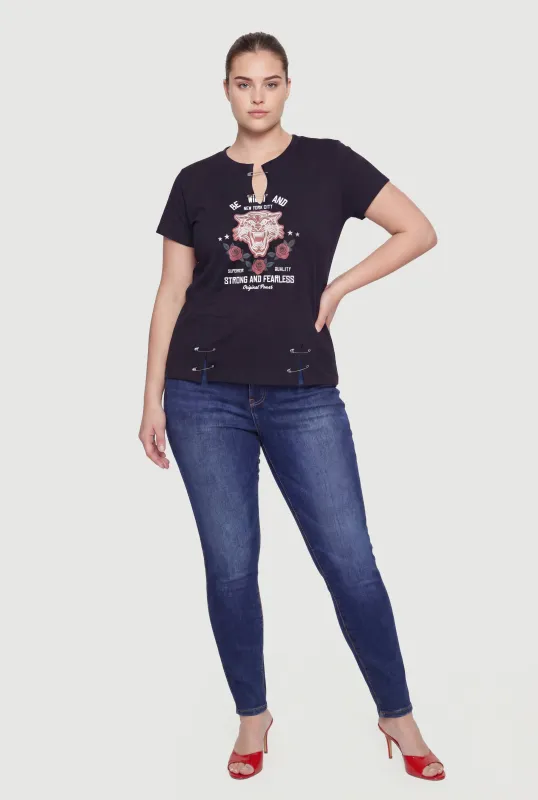 Plus Size Safety Pin Tiger Rose Graphic Notch Neck Tee made by Rainbow