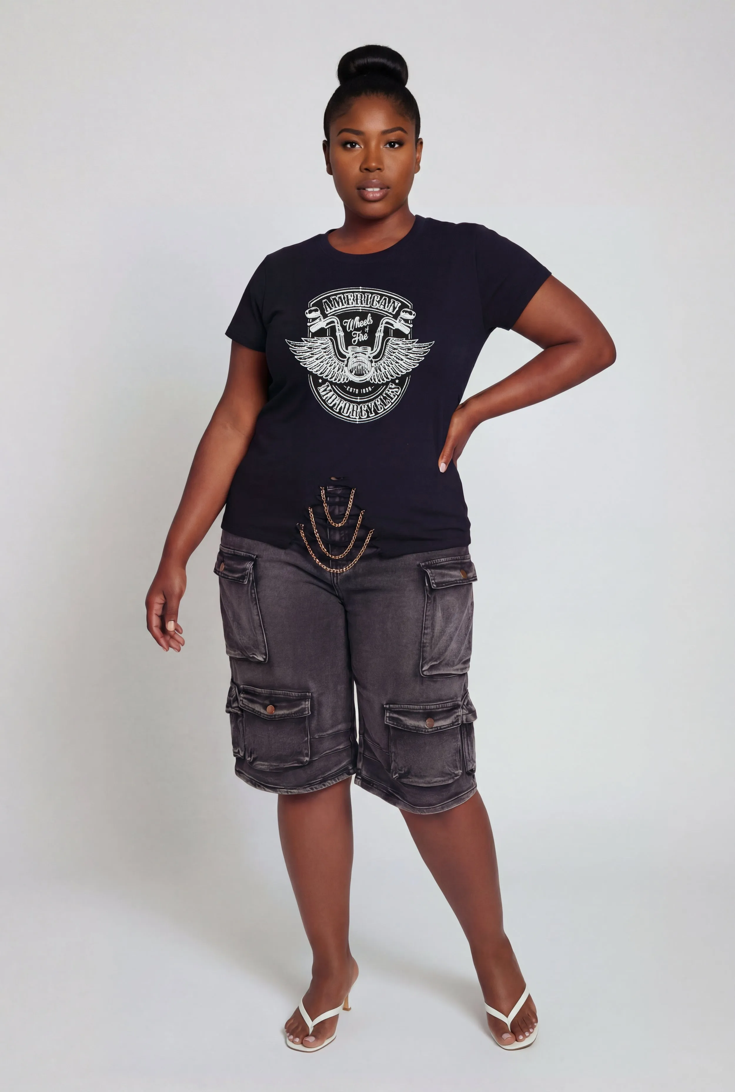 Plus Size American Motorcycles Slashed Chain Detail Tee sold by Rainbow
