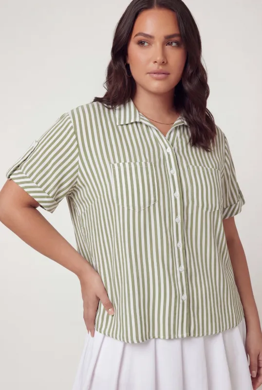 Plus Size Striped Button Front Crepe Knit Shirt made by Rainbow