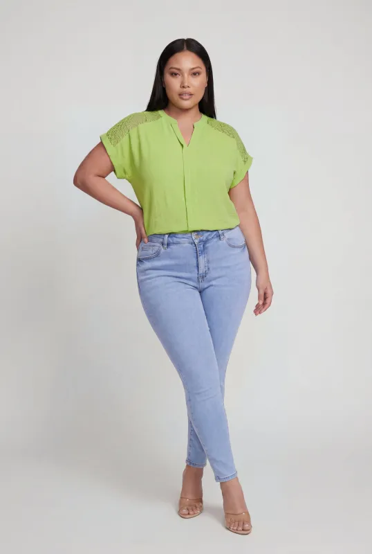 Plus Size Crochet Detail Notch Neck Top made by Rainbow