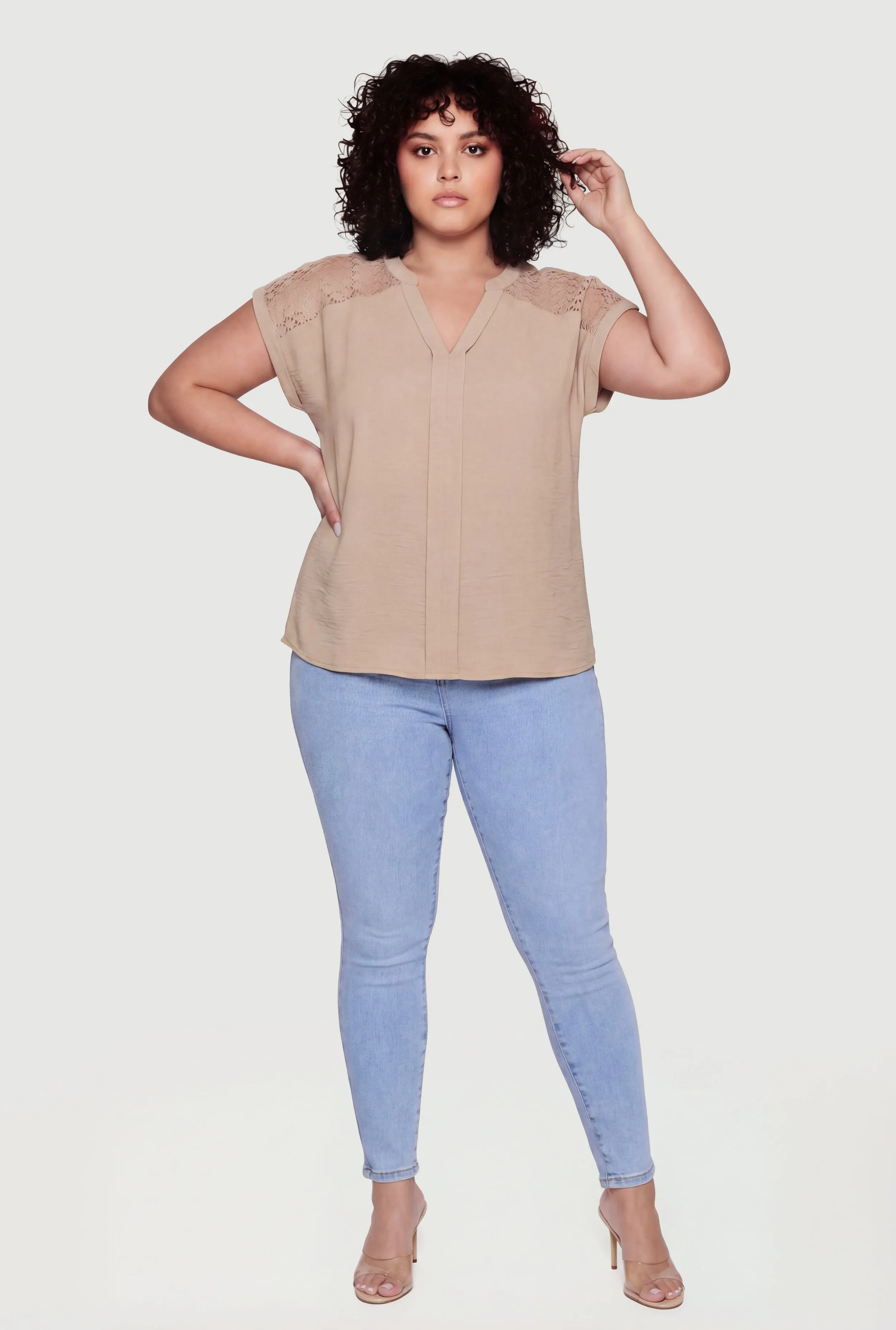 Plus Size Crochet Detail Notch Neck Top sold by Rainbow