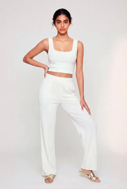 High Waisted Textured Knit Pintuck Pants made by iris