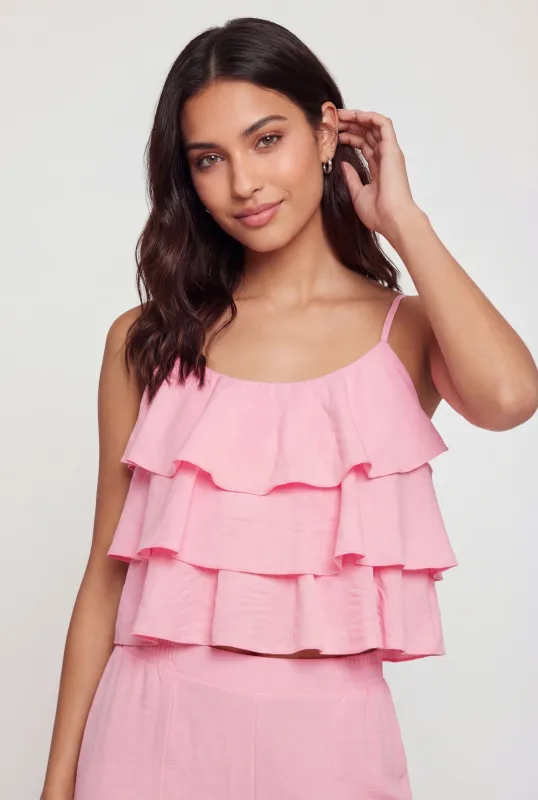 Crepe Knit Ruffle Tiered Smocked Back Crop Top made by Rainbow