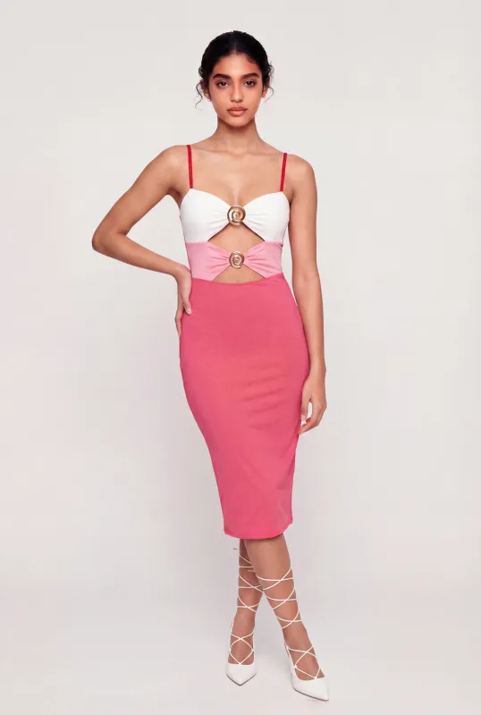 Metallic Swirl Detail Keyhole Front Cami Midi Dress made by Rainbow