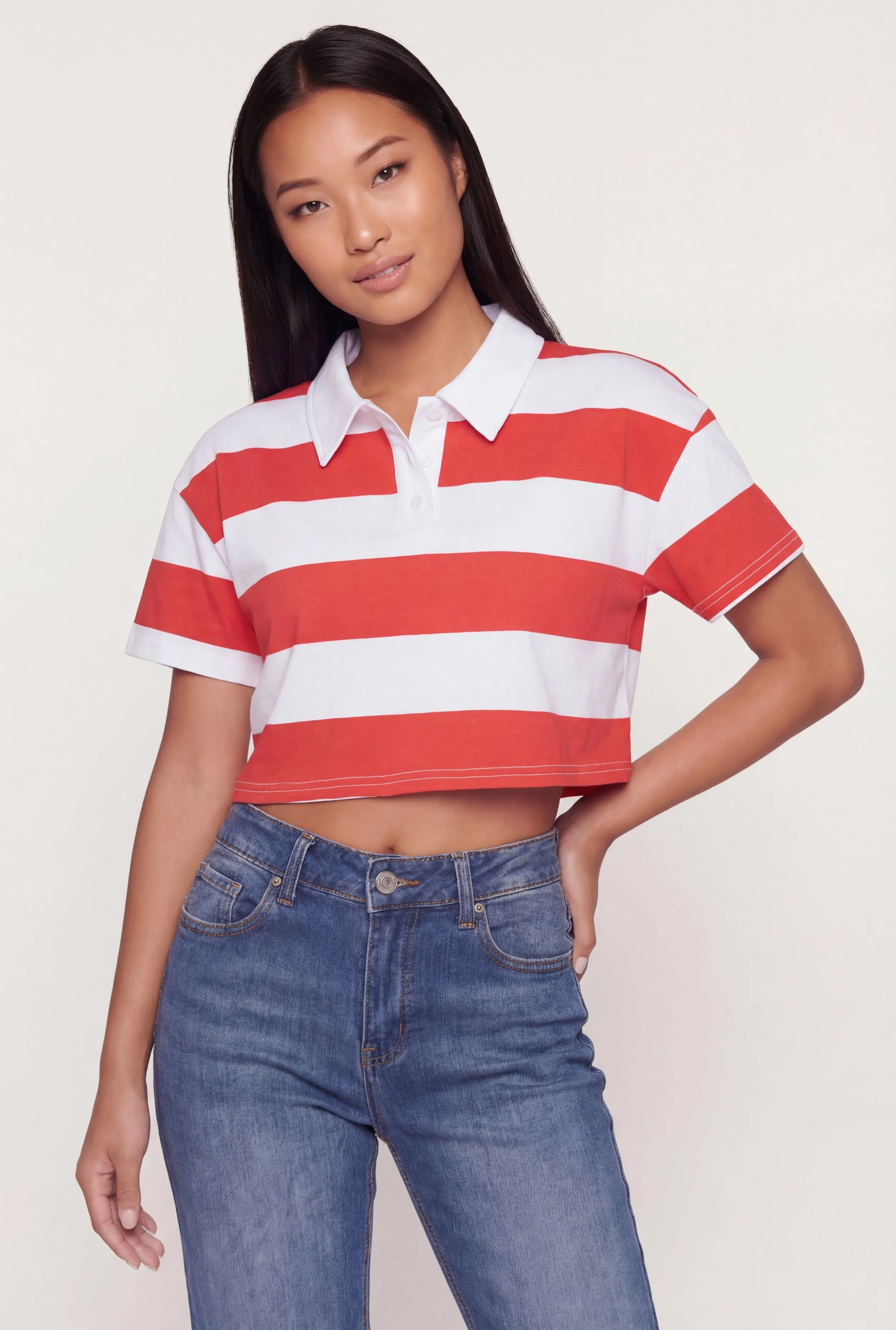 Striped Short Sleeve Polo Crop Top sold by Rainbow product image thumbnail 2