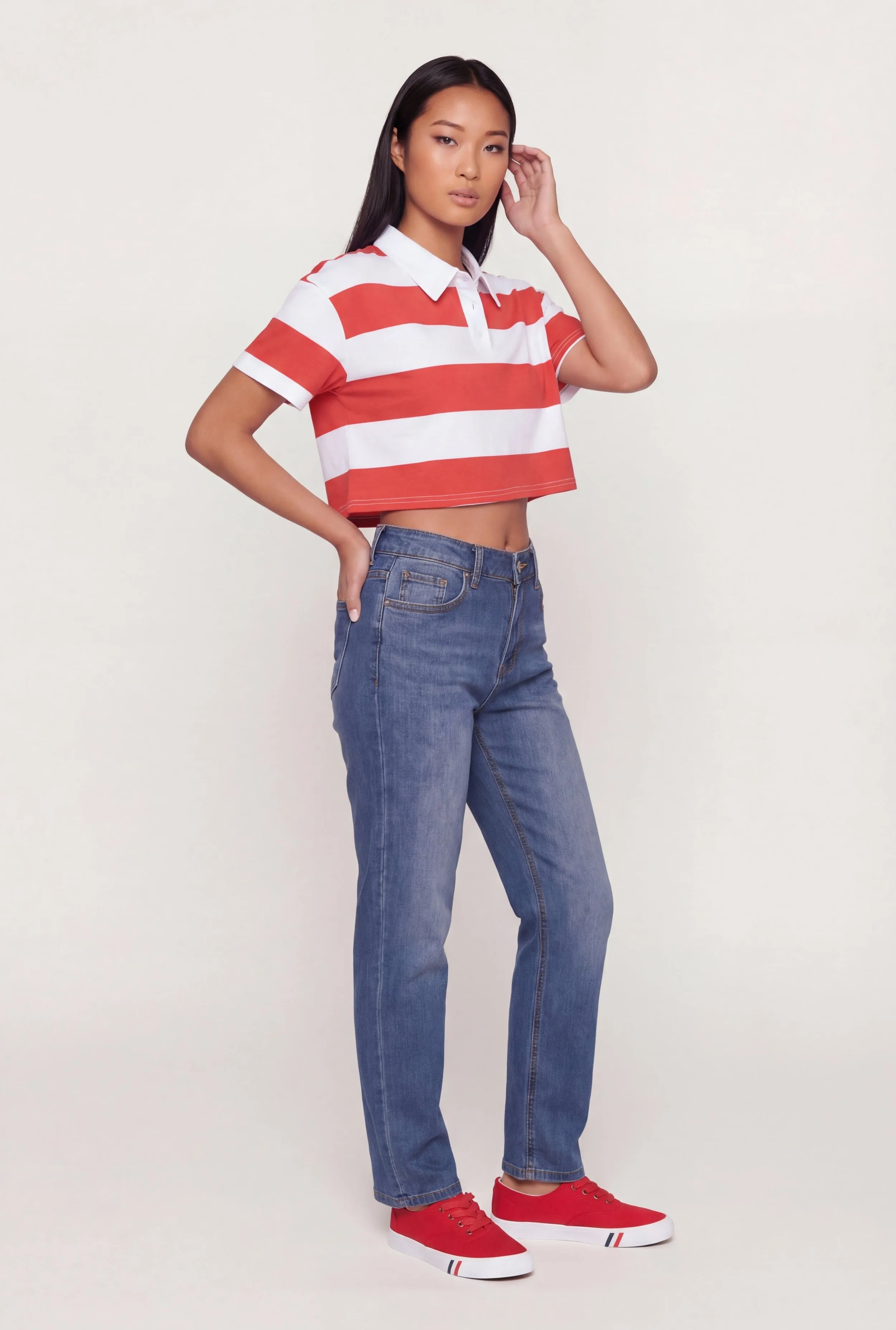 Striped Short Sleeve Polo Crop Top sold by Rainbow product image thumbnail 3