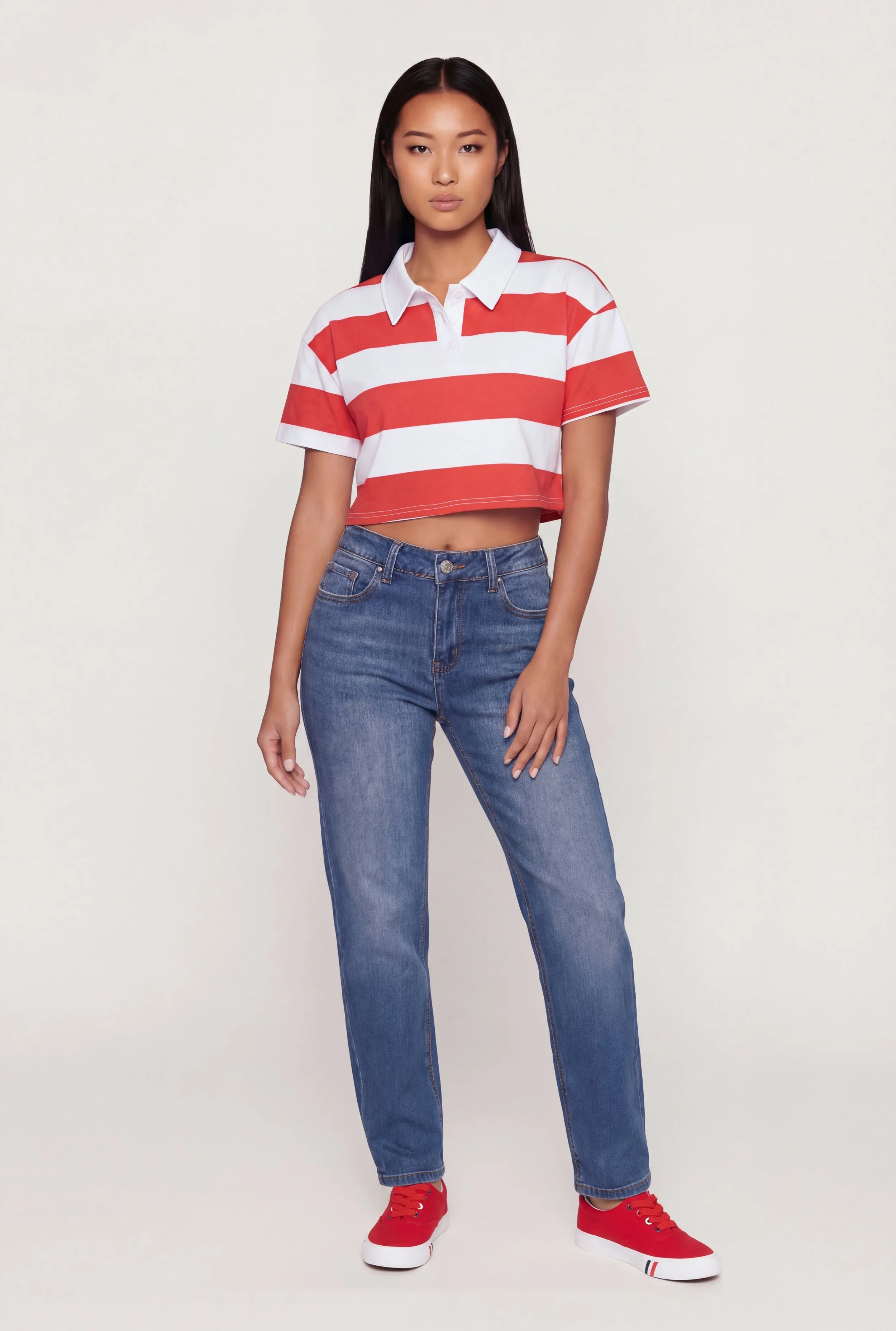 Striped Short Sleeve Polo Crop Top sold by Rainbow
