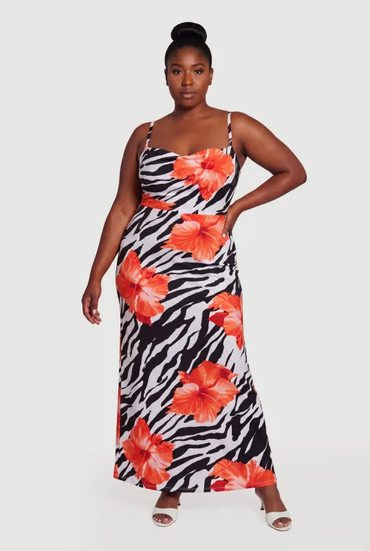Plus Size Zebra Floral Print Cowl Neck Maxi Dress made by Rainbow