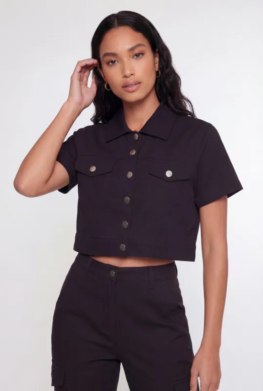 Nylon Short Sleeve Cropped Button Front Shirt made by Rainbow