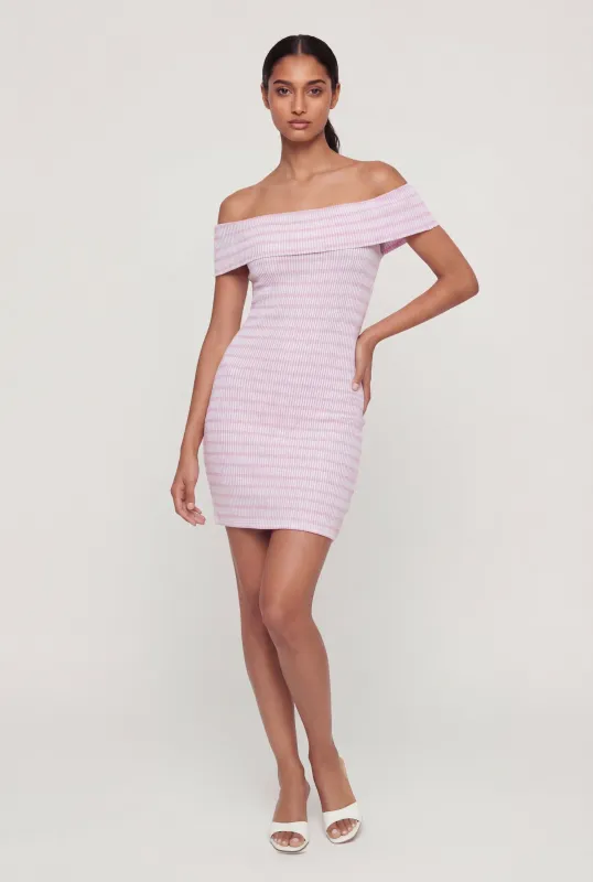 Striped Rib Knit Fold Over Off The Shoulder Mini Dress made by Rainbow