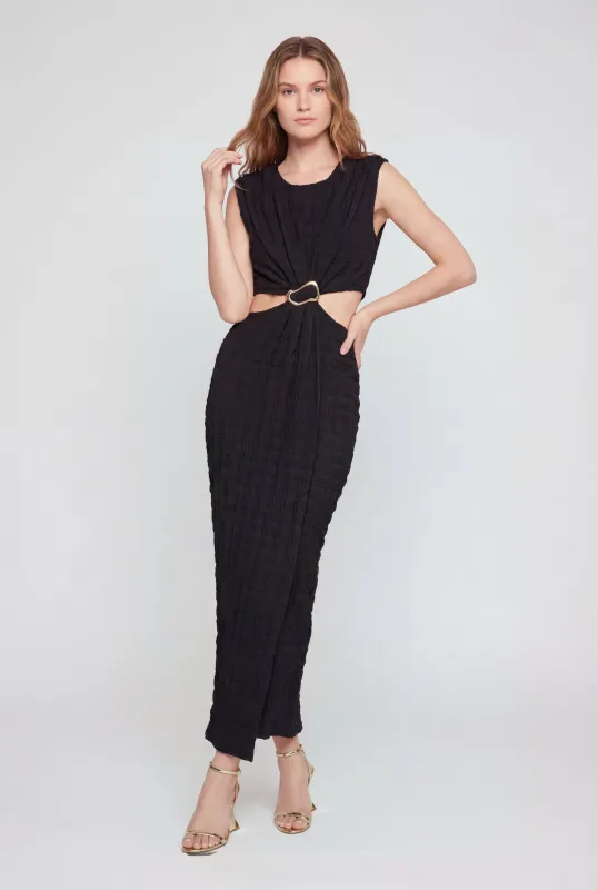 Textured Knit Metallic Buckle Cutout Side Maxi Dress made by Rainbow
