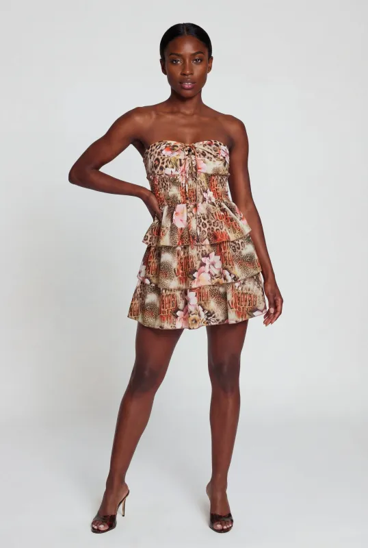 Smock Waist Tiered Mini Dress with Drawstring Keyhole Detail made by Rainbow
