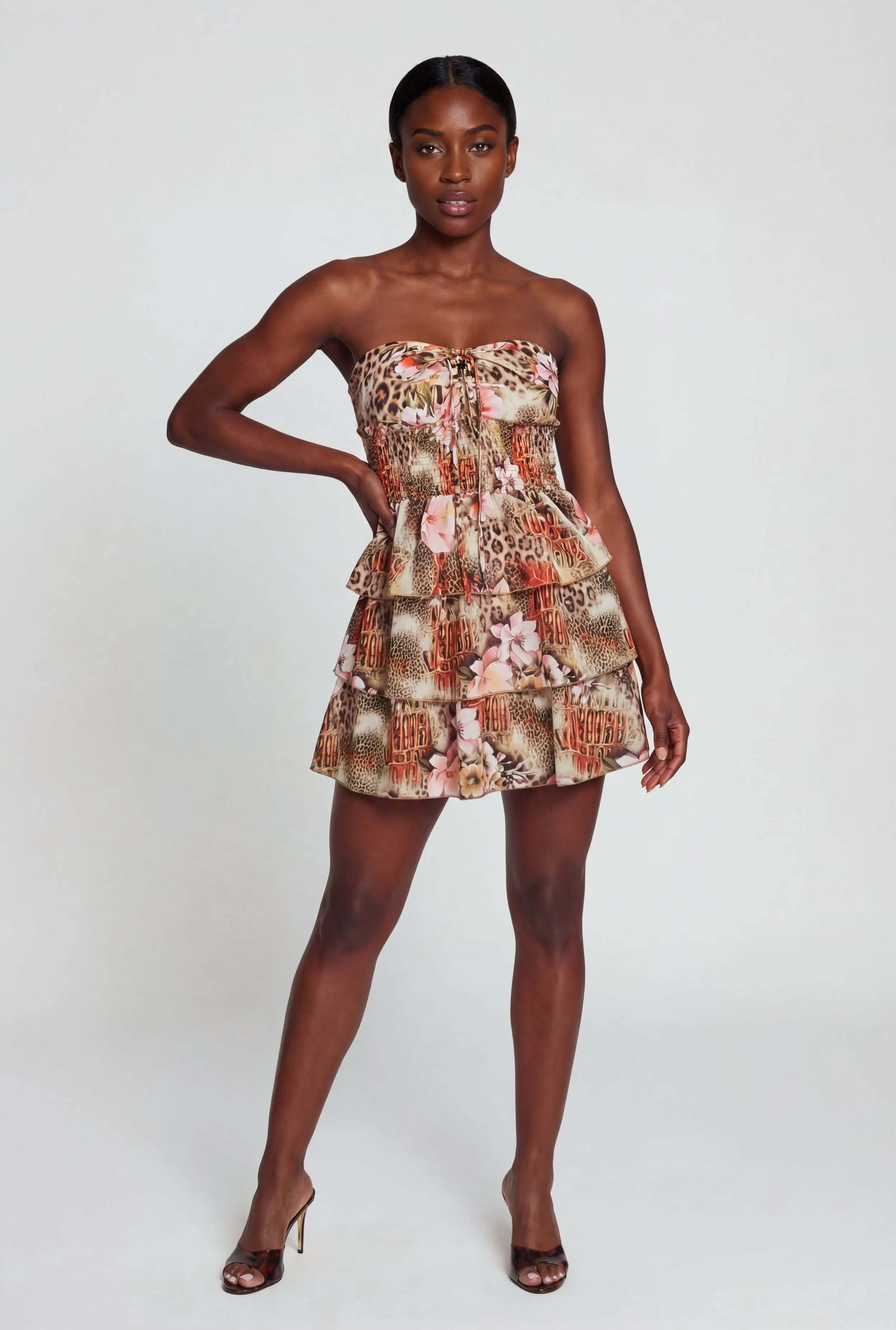 Smock Waist Tiered Mini Dress with Drawstring Keyhole Detail sold by Rainbow