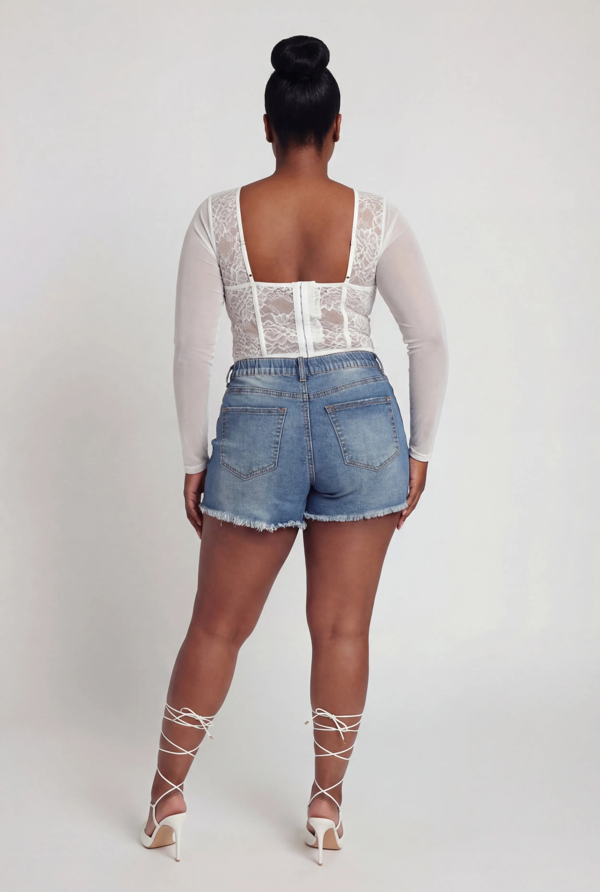 Plus Size Raw Hem Whiskered Distressed Denim Shorts sold by Rainbow product image thumbnail 3
