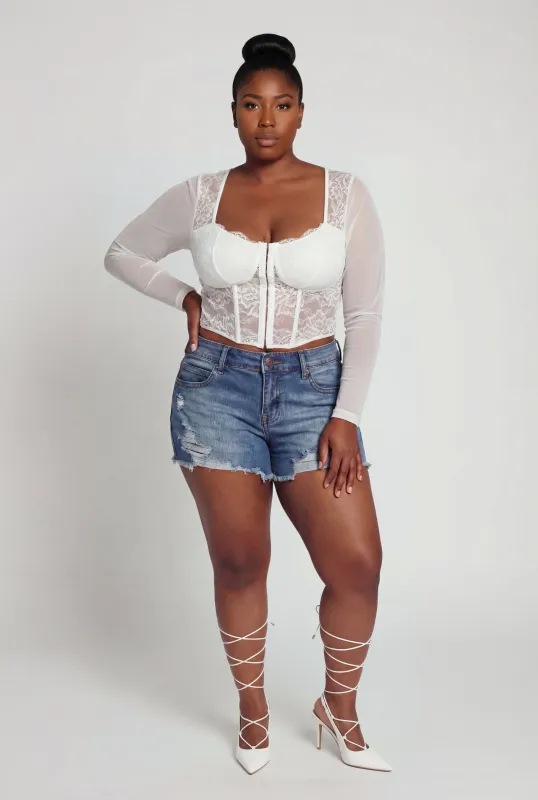 Plus Size Raw Hem Whiskered Distressed Denim Shorts made by Almost Famous