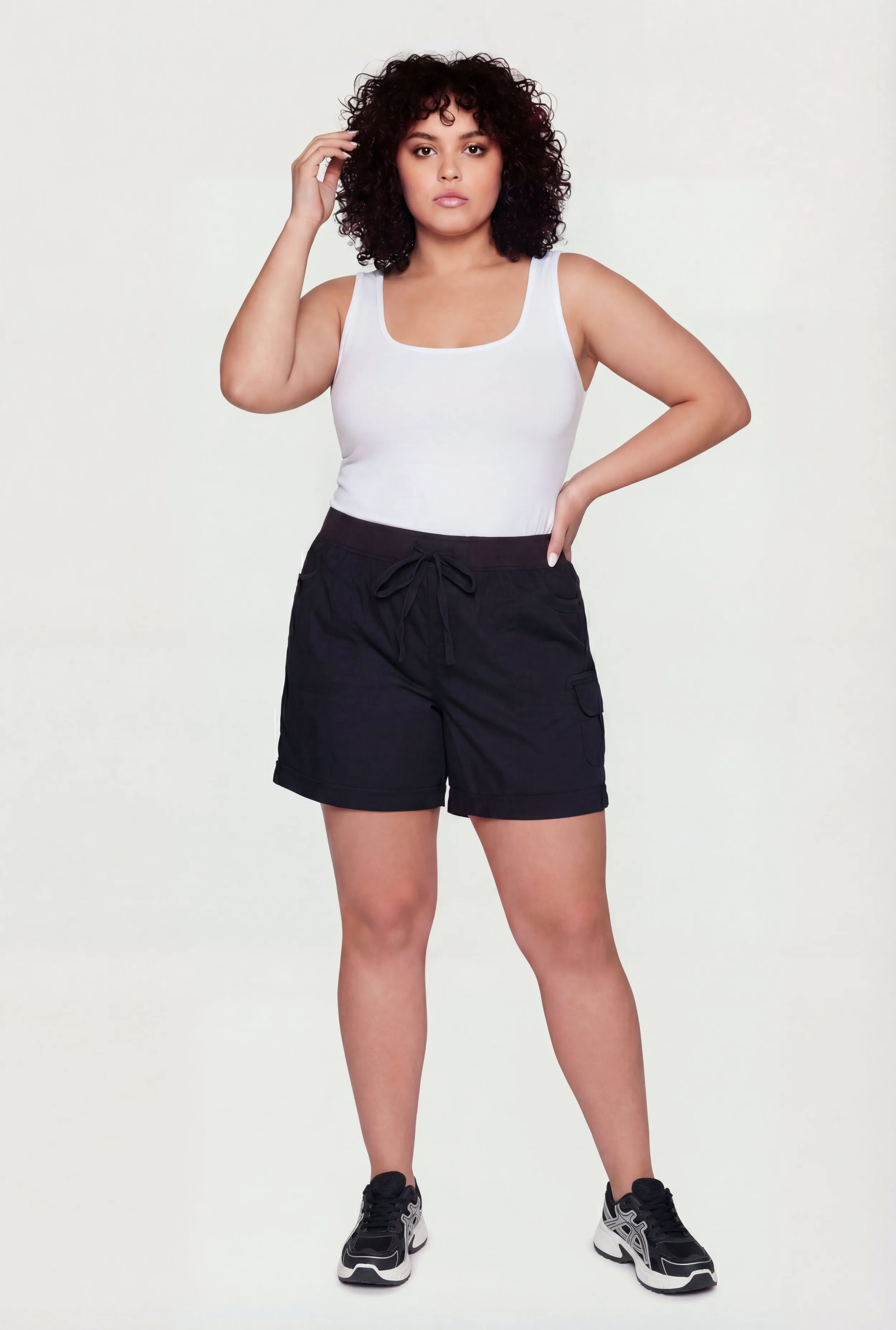 Plus Size Drawstring High Waisted Poplin Cargo Shorts sold by Rainbow