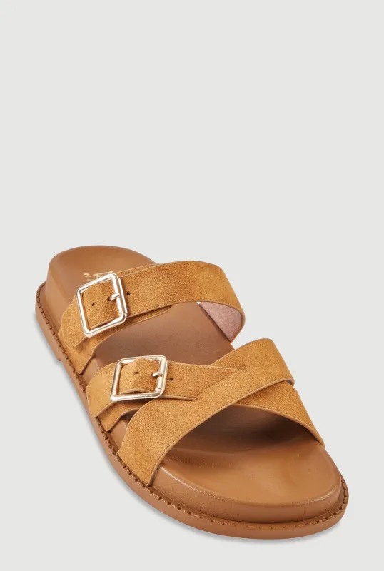 Faux Suede Double Buckle Criss Cross Band Footbed Sandals made by Rainbow