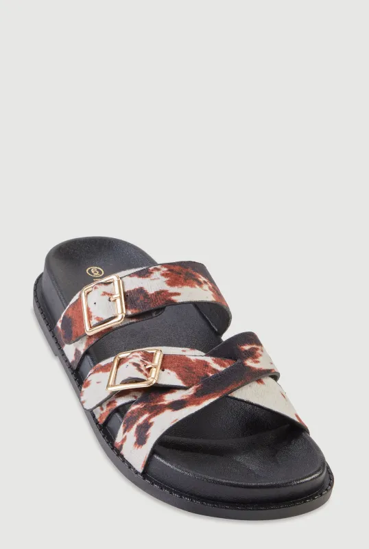 Faux Suede Double Buckle Criss Cross Band Footbed Sandals made by Rainbow