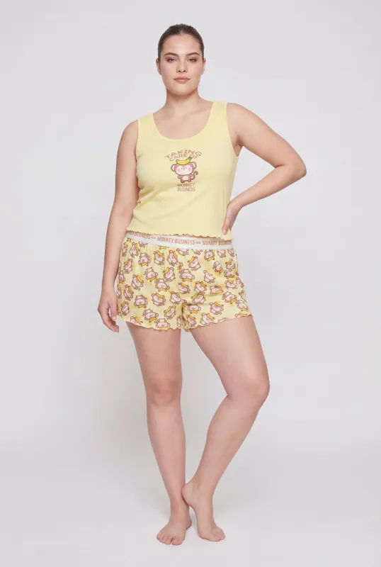 Plus Size Monkey Business Graphic Pajama Tank Top and Shorts made by Rainbow
