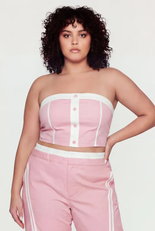 Plus Size Contrast Trim Faux Button Crop Top made by Rainbow