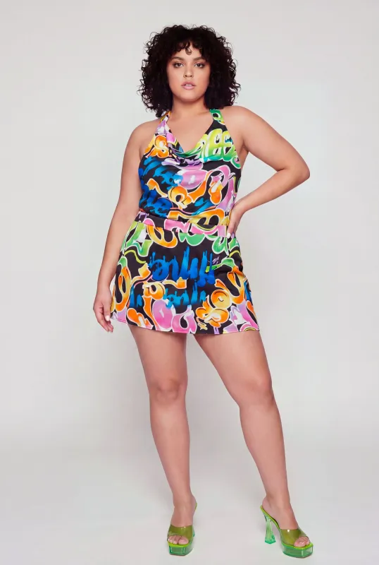Plus Size Satin Graffiti Print Skirt with Shorts Lining made by Rainbow