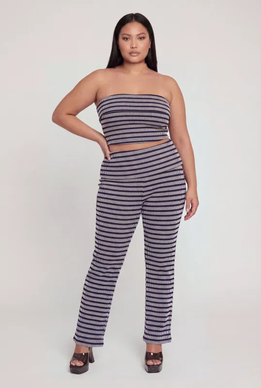 Plus Size Striped Fold Over Waist Rib Knit Pants made by Rainbow