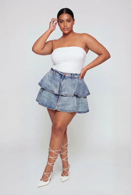 Plus Size Denim Ruffle Tiered Skirt with Shorts Lining made by Daisy