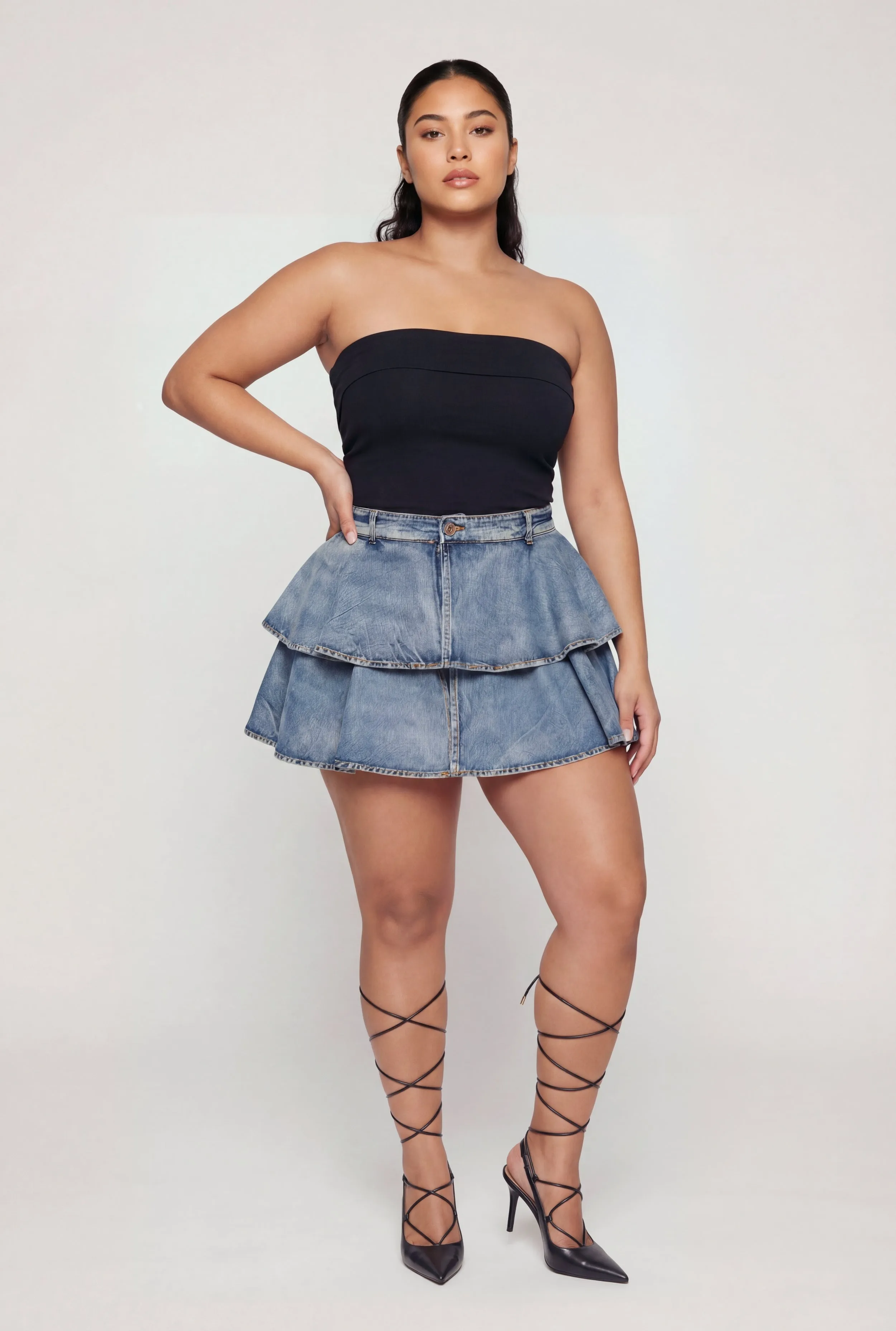Plus Size Denim Ruffle Tiered Skirt with Shorts Lining sold by Rainbow
